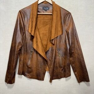 Charlie Paige‎ Brown Faux Leather Drape Jacket L Zip Pockets Moto Western Chic